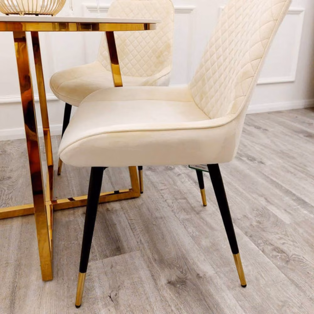 Stratus Interiors Luna Quilted Velvet Dining Chair in Cream with Black Metal Legs – 2