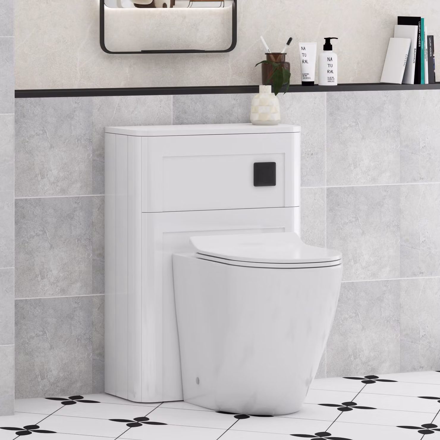 Royal Bathrooms Henley Gloss White BTW WC Unit with Elva Rimless Short Projection Ceramic Toilet Pan, Slim Soft Close Seat and Cistern, Width: 55 cm