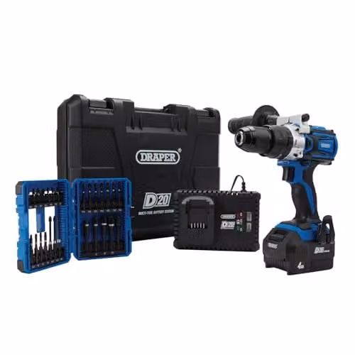 Draper D20 20V Brushless Combi Drill Kit with Expert Impact Screwdriver Bit in Blue and Black – 1