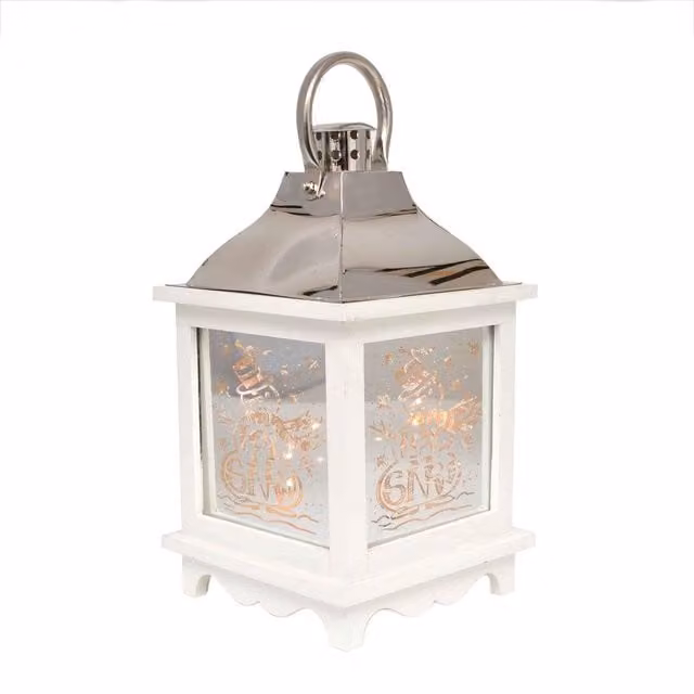Shatchi Let It Snow White Christmas Lantern with Warm LED Light, White and Silver Wooden Tabletop Nativity Decoration – 1