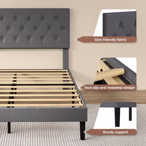 Levede Upholstered King Bed Frame in Grey Fabric with Modern Design, W/D/H: 180 x 200 cm – 10