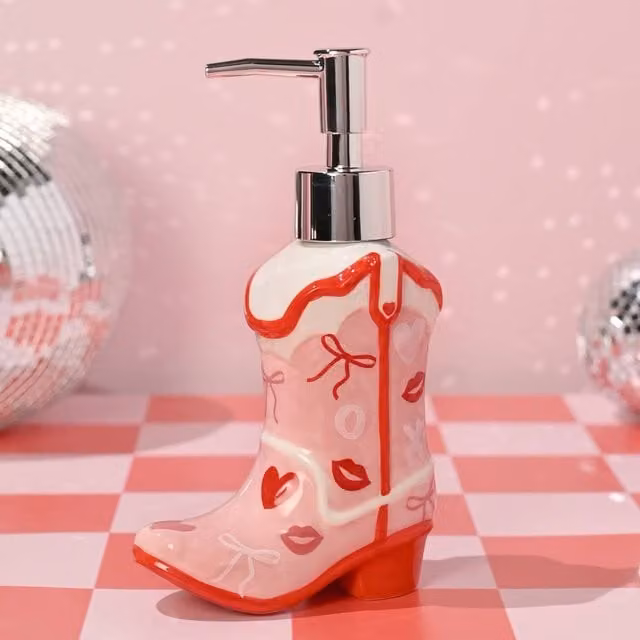The Feel Good Club Cowboy Boot Ceramic Soap Dispenser in Pink, Silver and Multicolour – 1