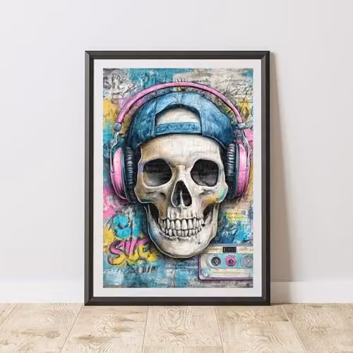 60 Second Makeover Skull Headphones Graffiti Print Urban Street Art Poster, Multicolour, W: 21.0 cm, H: 29.7 cm