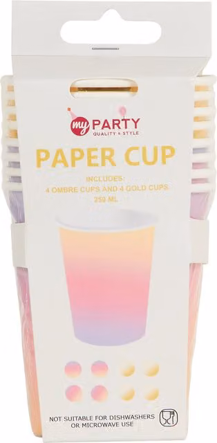 My Party Pack of 8 Multicolour and Gold Cups