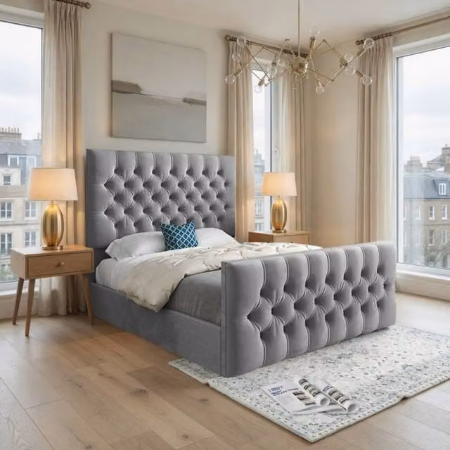 KDMD Rothwell Grey Velvet Upholstered Chesterfield Bed Frame W/D/H: 159 x 180 x 200 cm – 1