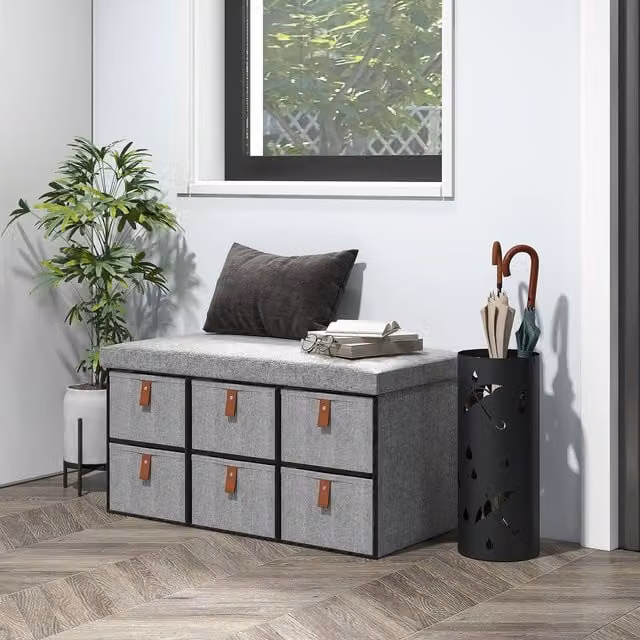HOMCOM Shoe Bench with Cushioned Fabric Seat and 6 Drawers in Light Grey – 1