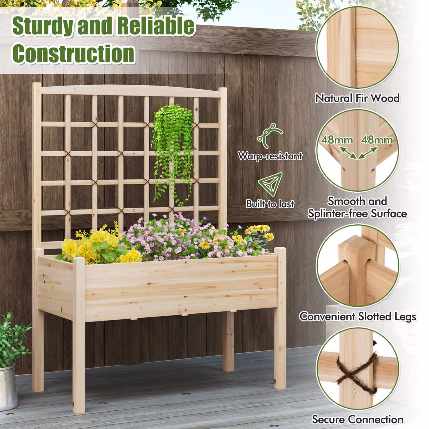 Costway Wooden Raised Garden Bed with Lattice Trellis and Drainage Holes in Sand – 7