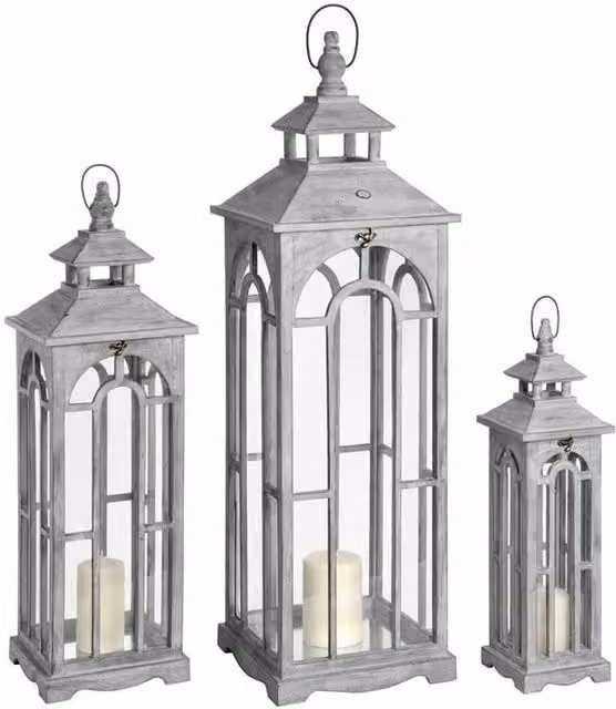 Lemon Pavilion Set of Three Wooden Lanterns with Archway Design in Grey, W: 31 cm, D: 31 cm, H: 104 cm
