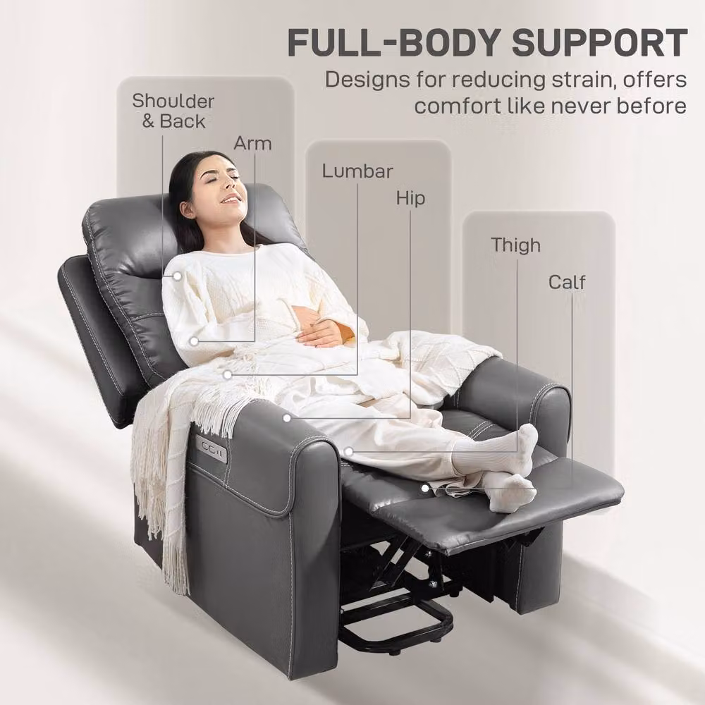 STILVORA Grey Synthetic Leather Recliner Armchair with USB Ports and Footrest – 7