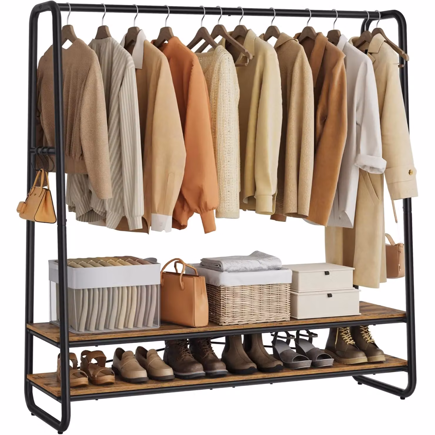 VASAGLE Industrial Bedroom Garment Rack with Shelves and Dual Hook and Rail Matrix in Brown and Black, W/D/H: 160 x 45 x 197 cm – 4