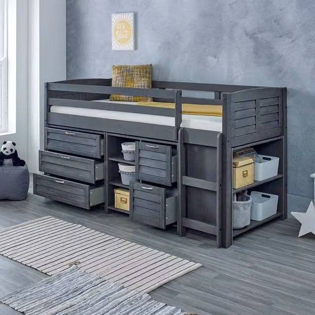 Amani Solid Pine Mid Sleeper Bed in Grey with Drawers and Shelves, Single Size