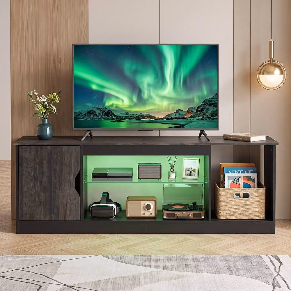 KORVIXA Black Modern Entertainment Centre TV Stand with Integrated Lighting and Media Compartments, W/D/H: 100 x 100 x 100 cm – 3