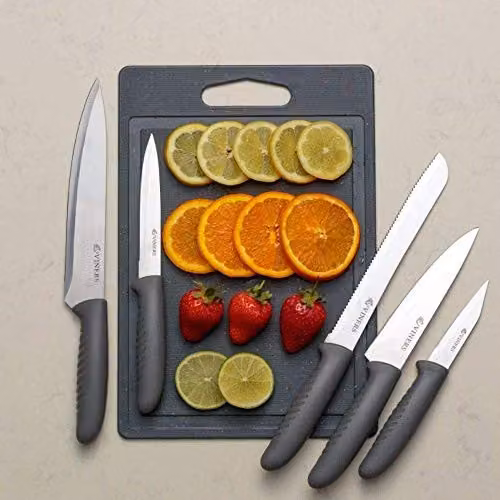 Viners 5 Piece Knife and Chopping Board Set with Stainless Steel Knives and Grey Handles – 3