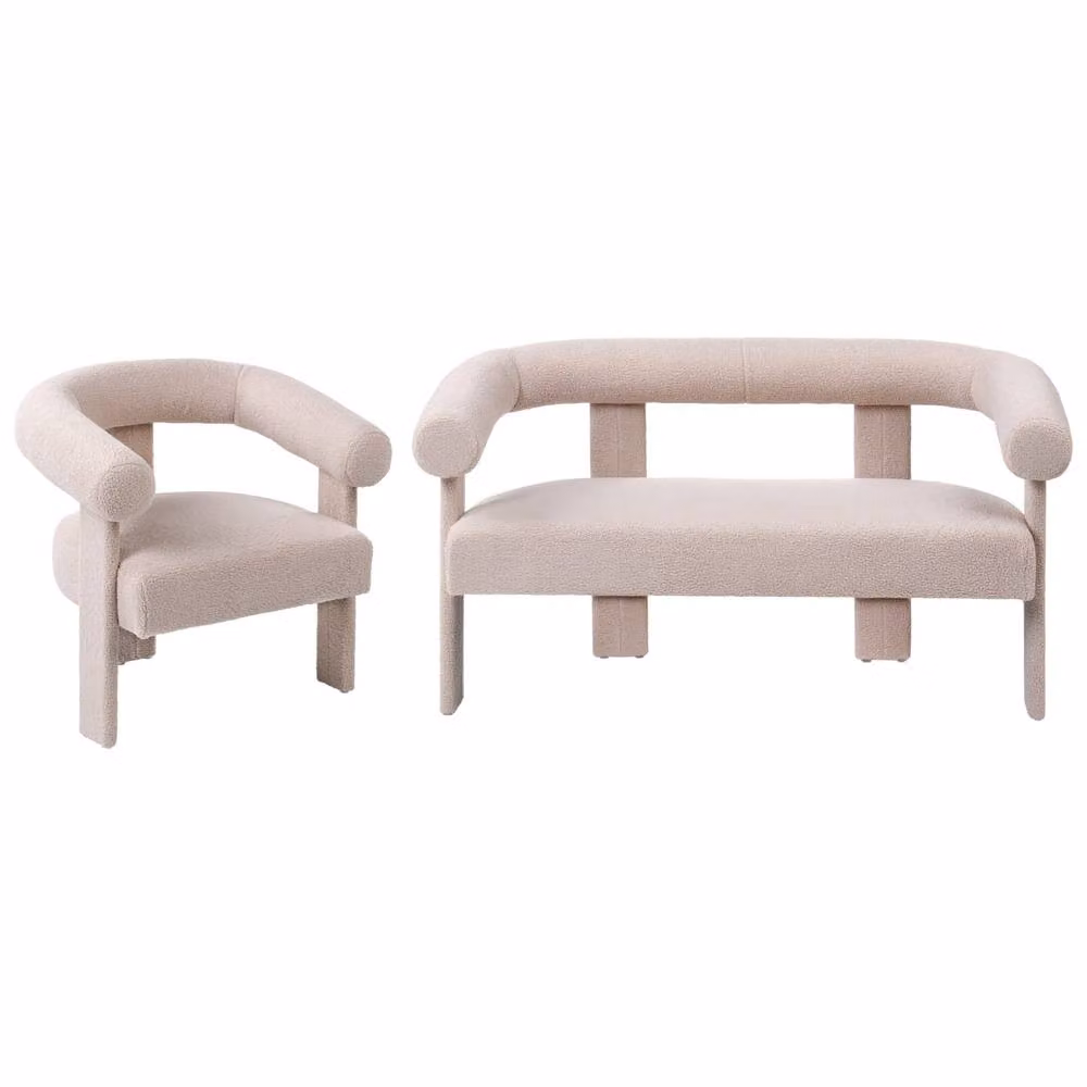 Wyld and Coco Beige Boucle Sofa Set with 2-Seater and Armchair in Retro Design – 2