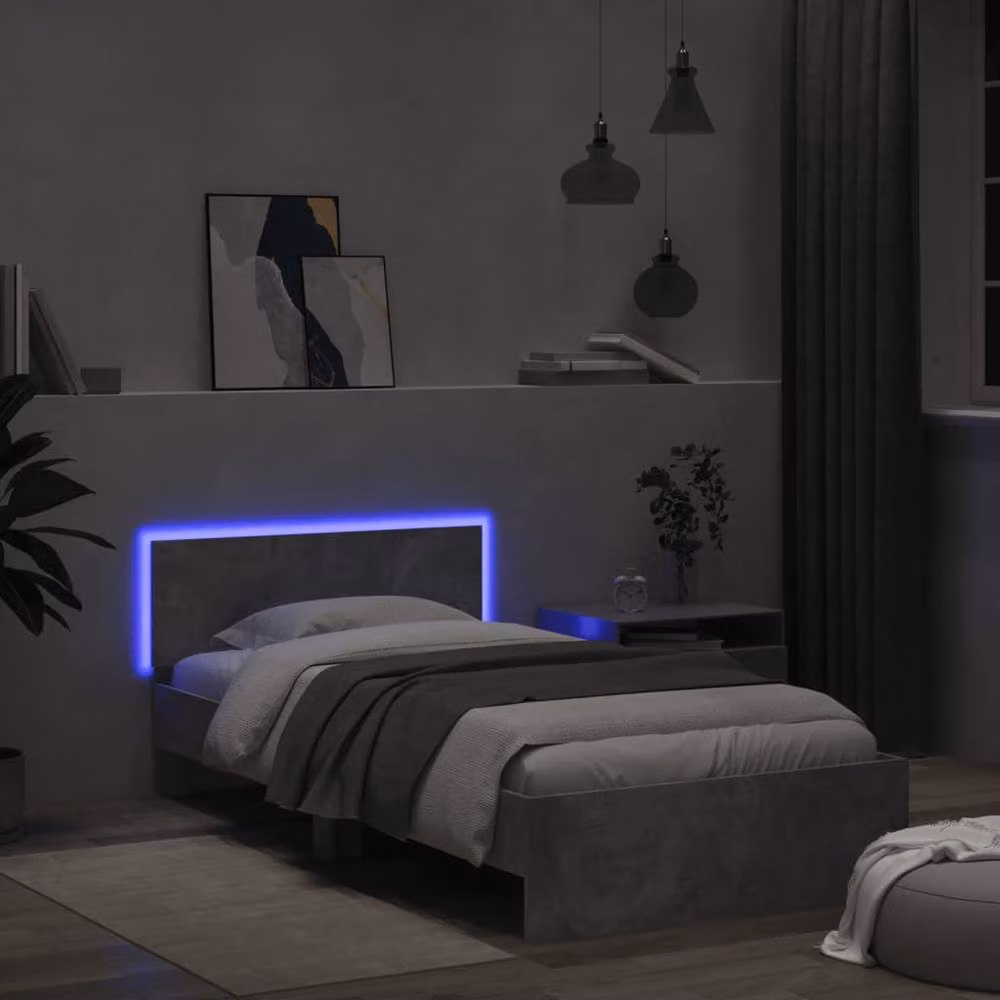 Berkfield Home Durable Engineered Wood Bed Frame with Under-Bed LED Lighting, Concrete Grey, W/D/H: 100 x 200 x 70 cm – 3