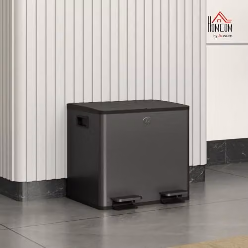 HOMCOM Dual Kitchen Pedal Bin with Soft Close Lid and Odour Filter, Black Stainless Steel, 2 x 15L – 2