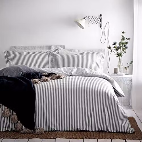 Riva Home Yard Hebden Reversible Striped 100% Cotton Duvet Cover and Pillowcase Set, Grey, W/H: 90 x 200 cm
