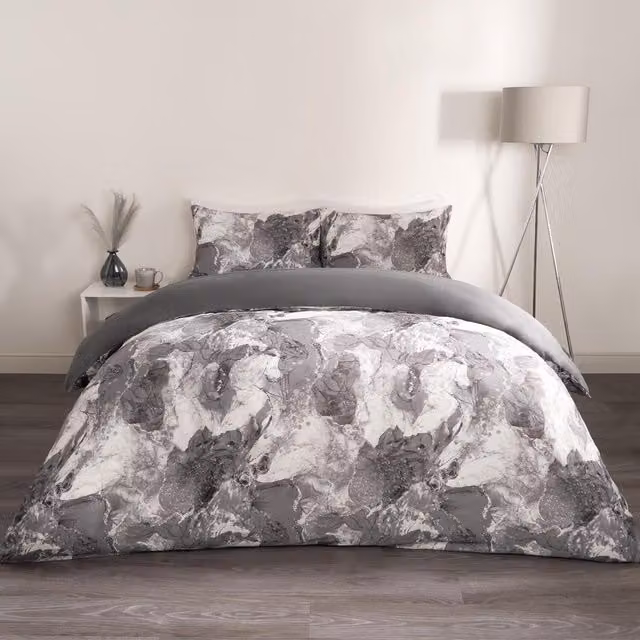OHS Grey Marble Graphic Microfibre Polyester Duvet Cover Set, 180 x 200 cm