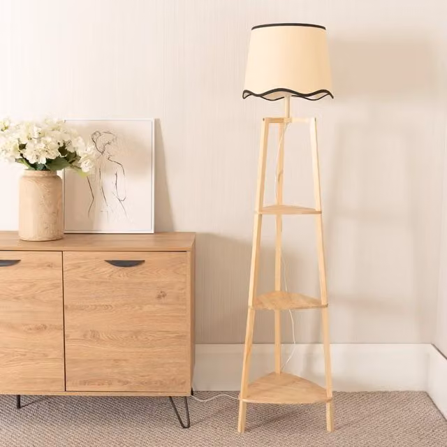 ValueLights Hiru Natural 3 Tier Wooden Shelf Floor Lamp with Black Scallop Edge Shade