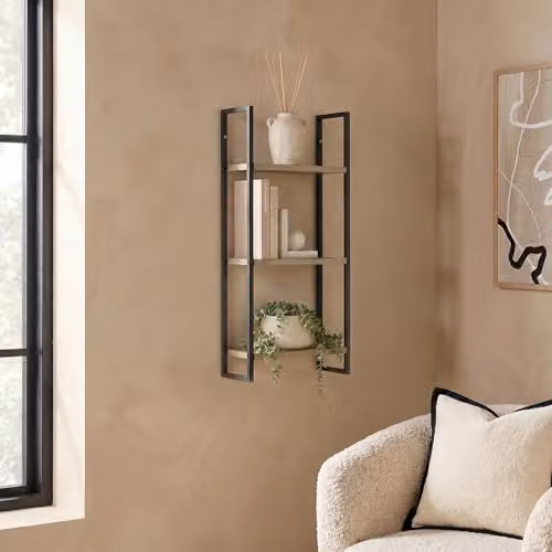 OHS 3 Tier Wall Mounted Floating Shelf Unit in Light Wood and Black – 1