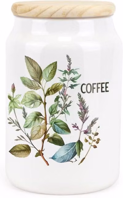 Purely Home Floral Watercolour Herbs Ceramic Coffee Storage Canister in Green and White