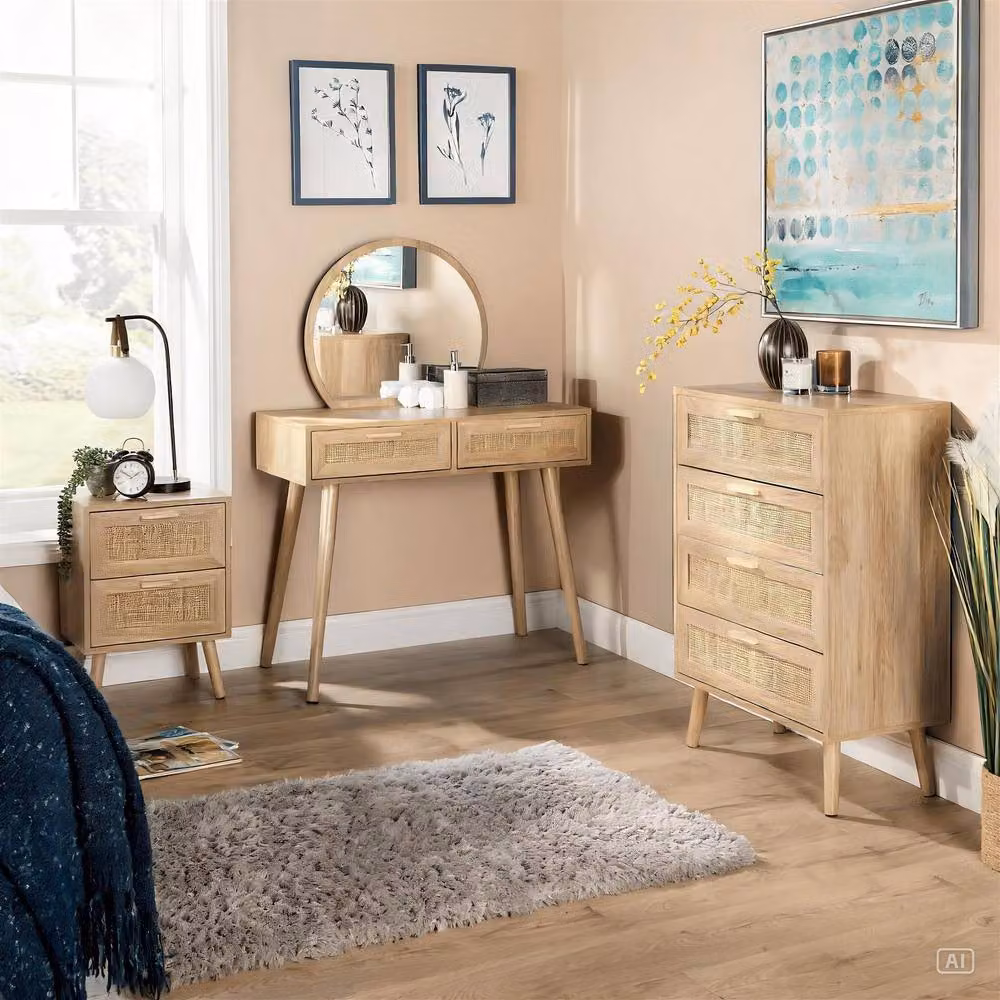 Home Source Dressing Table with Circular Mirror and 2 Rattan Front Drawers in Natural Sand – 4