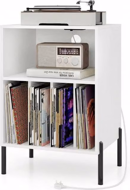 Costway Modern White Record Player Stand with Integrated Charging Station and Vinyl Record Storage Cabinet – 1