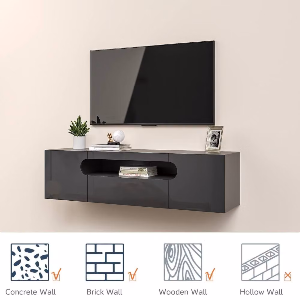 KEEPREAPER Sleek Floating TV Stand with LED Light and Storage Cabinet in Black – 6