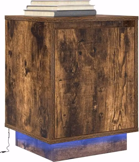 Berkfield Home Bedside Cabinet with Integrated LED Lights in Smoked Oak, W/D/H: 38 x 34 x 50 cm