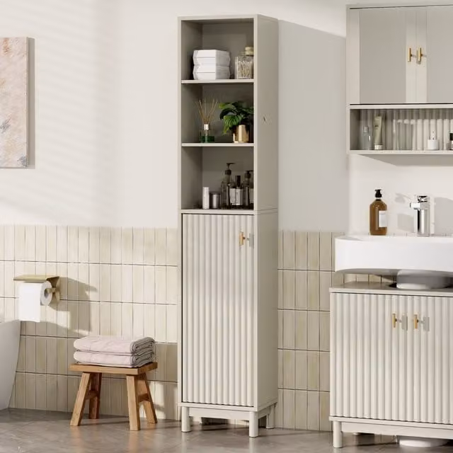 VonHaus Victoria Freestanding Slim Tall Bathroom Storage Cabinet in Stone with Soft-Close Hinged Doors, H 165 x W 23 x D 34 cm – 1