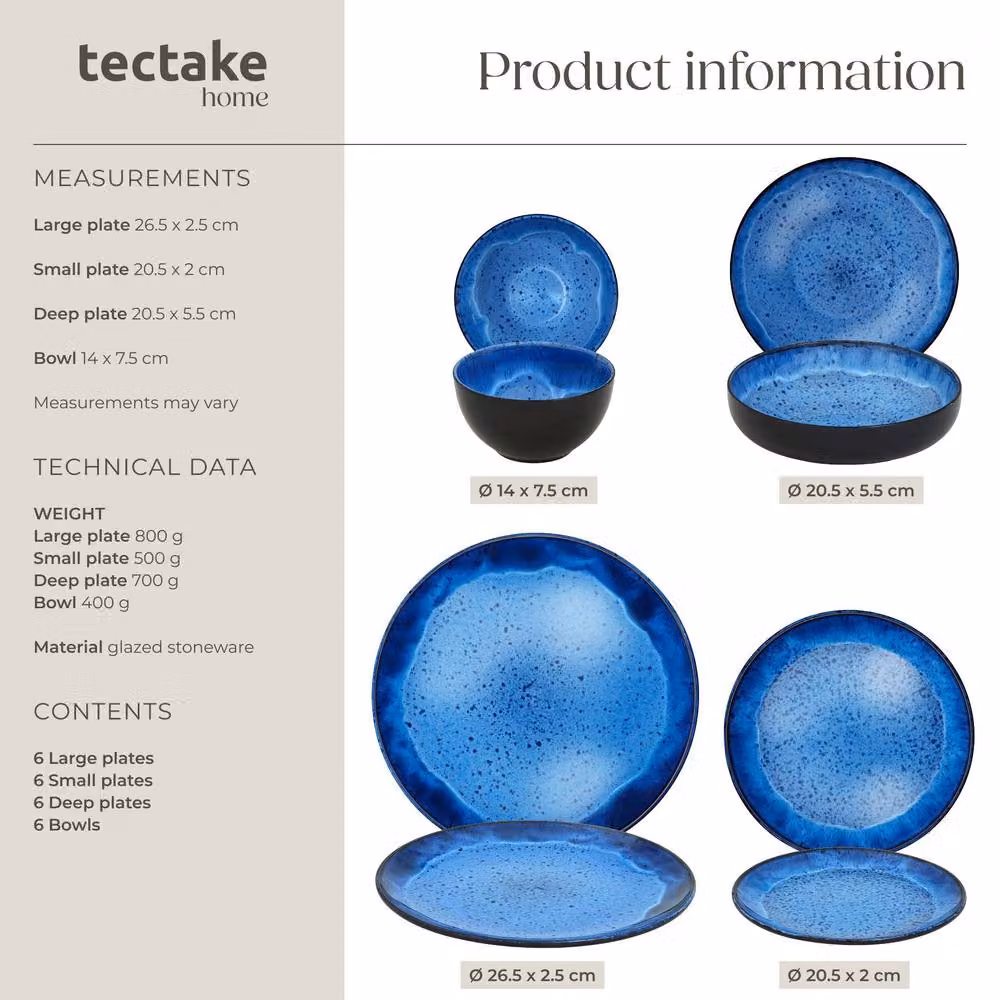 tectake Mare Glazed Stoneware Dinner Set for 6 People, Blue – 6