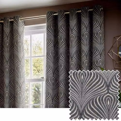 Paoletti Gatsby Art Nouveau Jacquard Eyelet Curtains, 2 Panels, Black and Gold, W: 117 cm, H: 137 cm – 1