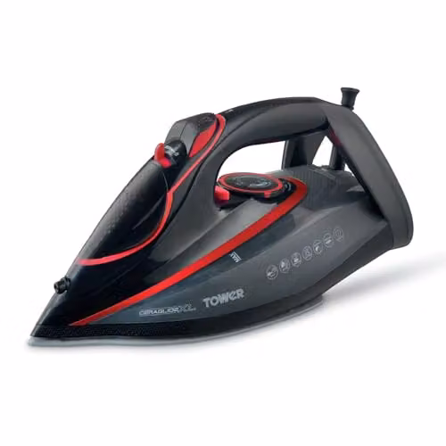 Tower Steam Iron with Ceramic Non-Stick Soleplate, 2500W, Red and Black
