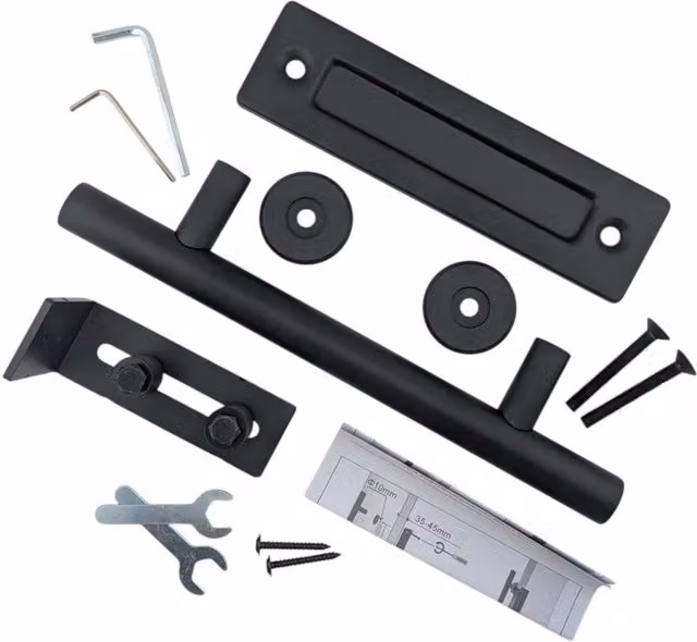 OKODOKO Sliding Barn Door Handle and Adjustable Roller Floor Guide Set in Matt Black and Silver Steel