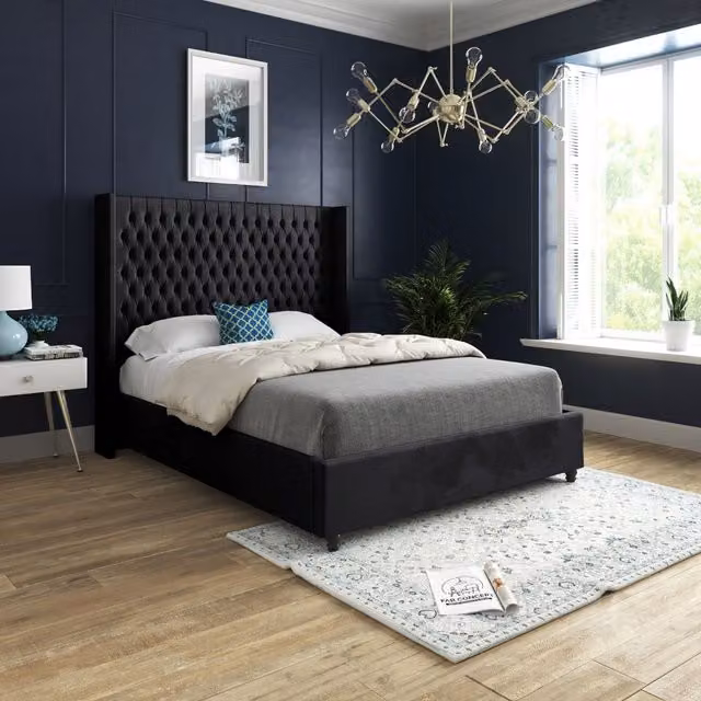 Casani Volta Straight Winged Upholstered Soft Velvet Bed Frame in Black, Size: 180 x 200 cm