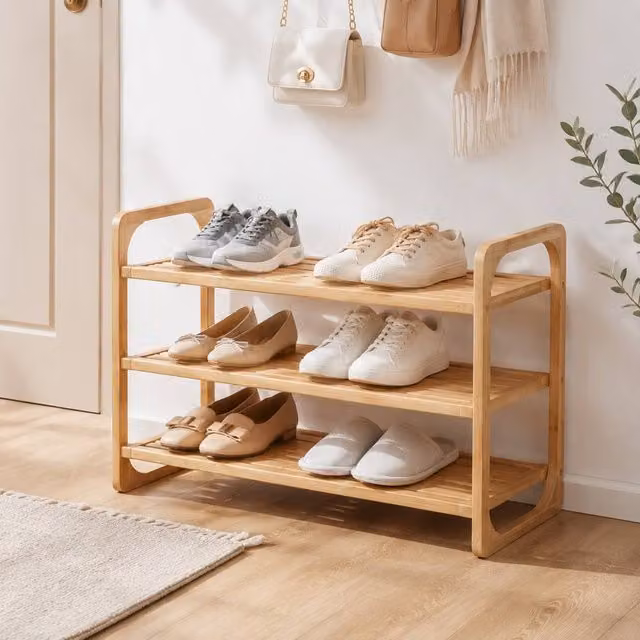 STILVORA Bamboo Shoe Rack with 3 Slatted Shelves in Natural – 1