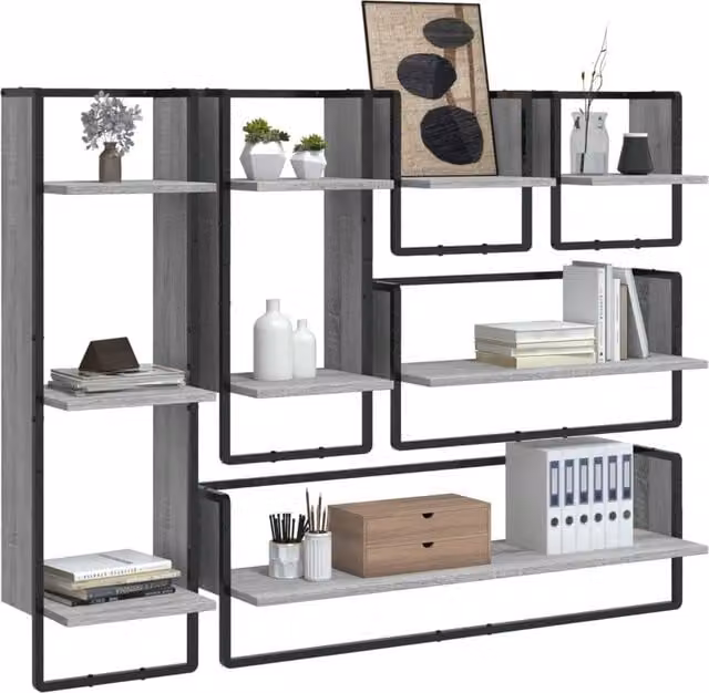 Berkfield Home 6 Piece Grey Sonoma Engineered Wood Wall Shelf Set with Hanging Rods – 1
