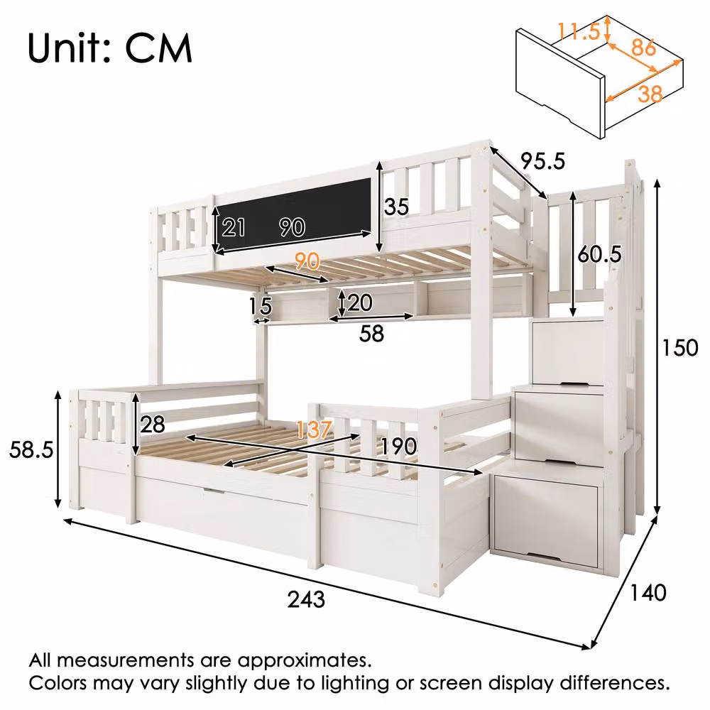 Rolipo Kids Bunk Bed with Staircase and Storage Drawers in White Solid Wood – 2