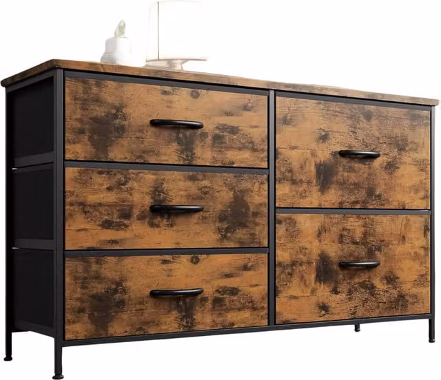 Pirlo Plush Industrial Bedroom Dresser with 5 Fabric Drawers in Brown
