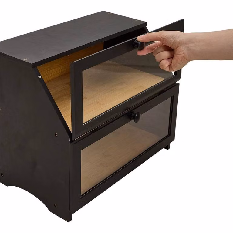 FLAVORA Black Double Layer Bamboo and Acrylic Bread Bin