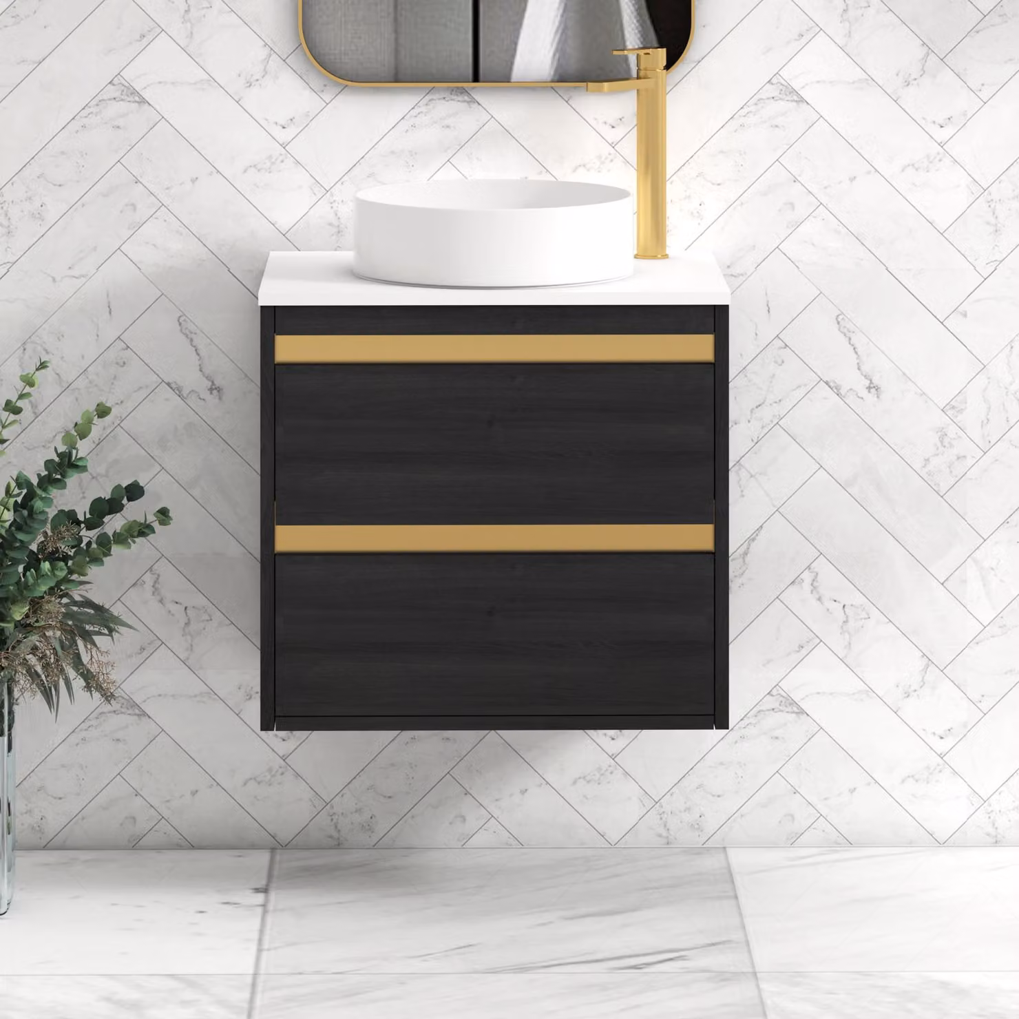Royal Bathrooms Orion 600mm Hale Wall Hung Vanity Unit with 2 Drawers, White Countertop and Art Basin with Brushed Brass Accent Trim