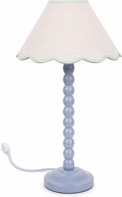 Bobbins Powder Blue Table Lamp with Tapered Natural Linen Scallop Shade in Green and Blue