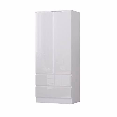 FWStyle White Gloss 2 Door 2 Drawer Wardrobe with Soft Close Doors, H 181 x W 80 x D 50 cm