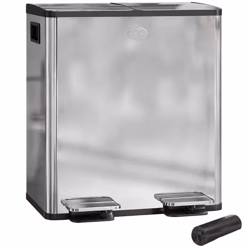 HOMCOM Dual Stainless Steel Pedal Kitchen Bin in Silver Tone with 2 x 20L Removable Inner Buckets – 1