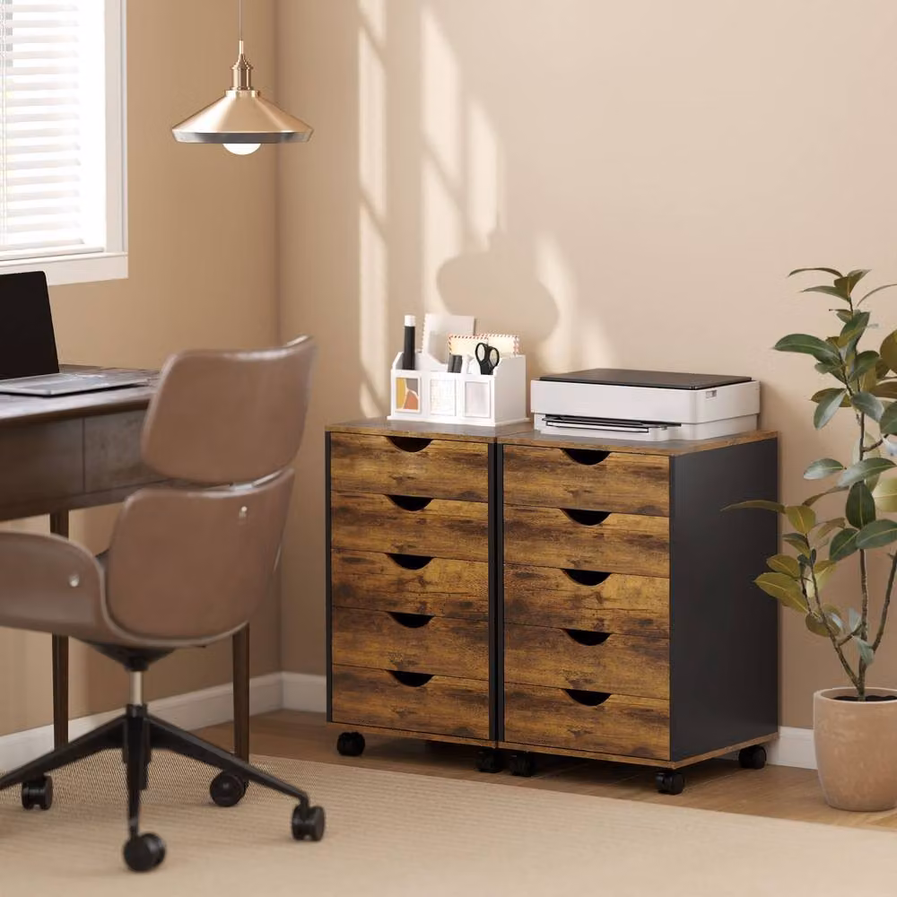 Rolipo 5-Drawer Rustic Brown MDF Office Filing Cabinet with Castors – 8