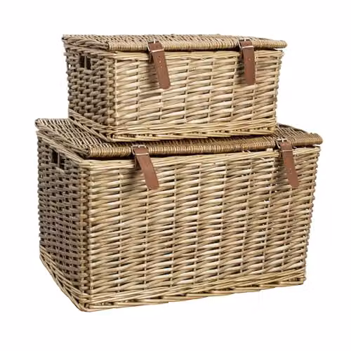 JVL Handmade Wicker Hampers with Faux Leather Straps, Set of 2 in Brown and Sand, W/D/H: 36.0 x 32.0 x 36.0 cm