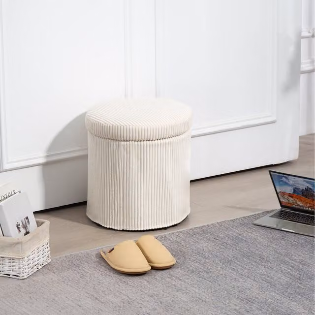 HOMCOM Round Corduroy Storage Ottoman Stool with Lid in Beige