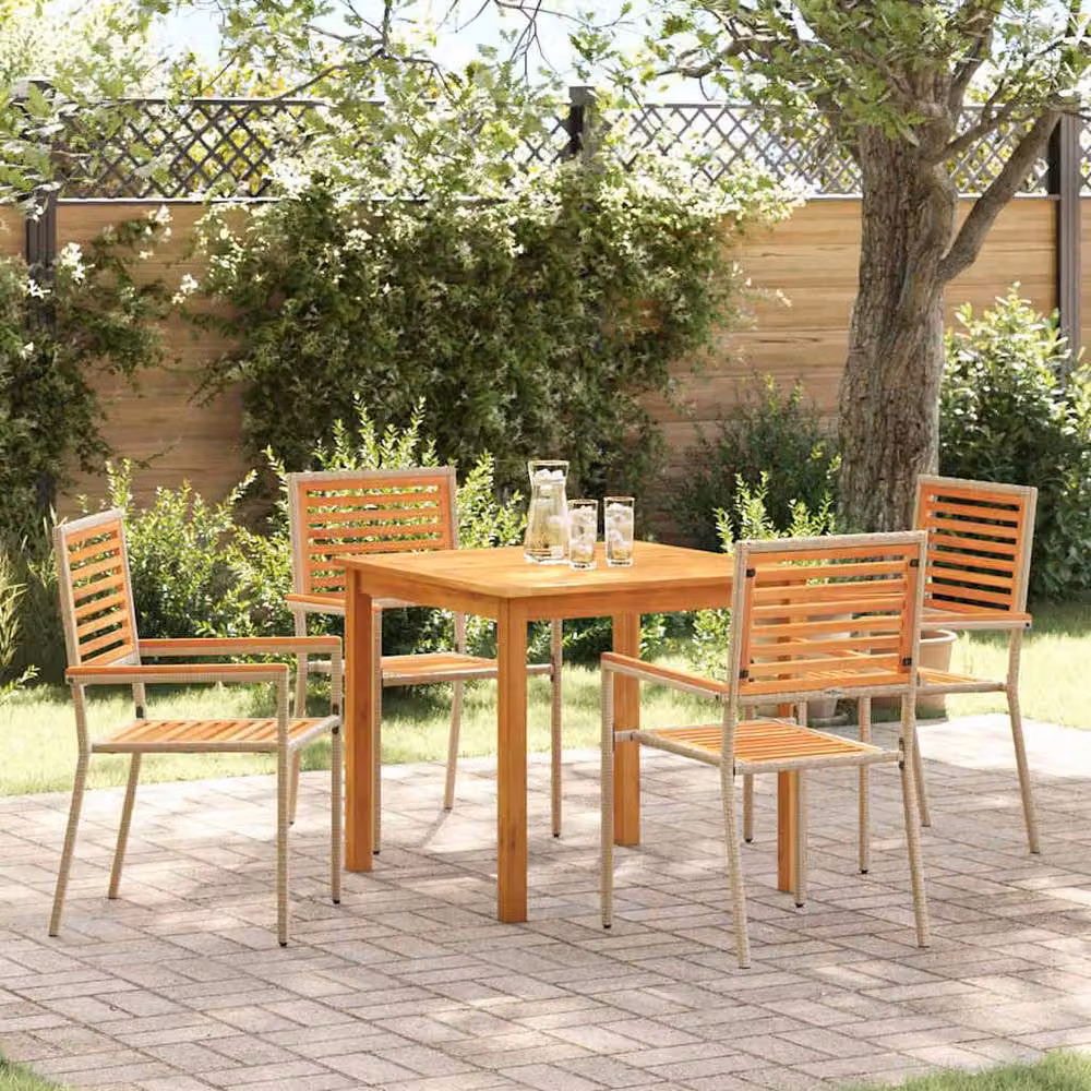 Berkfield Home 5 Piece Beige Poly Rattan Garden Dining Set with Acacia Wood – 2