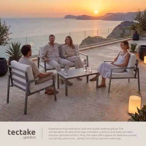 tectake Modern Garden Furniture Set in Grey with 2-Seater Sofa, Coffee Table and Upholstered Cushions with Powder Coated Aluminium Frame – 3