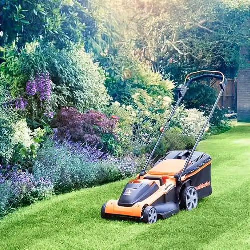 LawnMaster 48V 41cm Cordless Lawnmower in Orange with Spare Battery, Collection Bag and Mulching Kit – 2